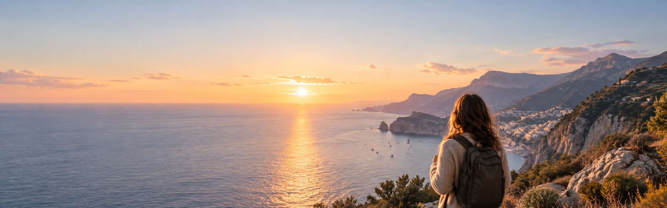 Una viaggiatrice guarda il mare al tramonto dalla costa