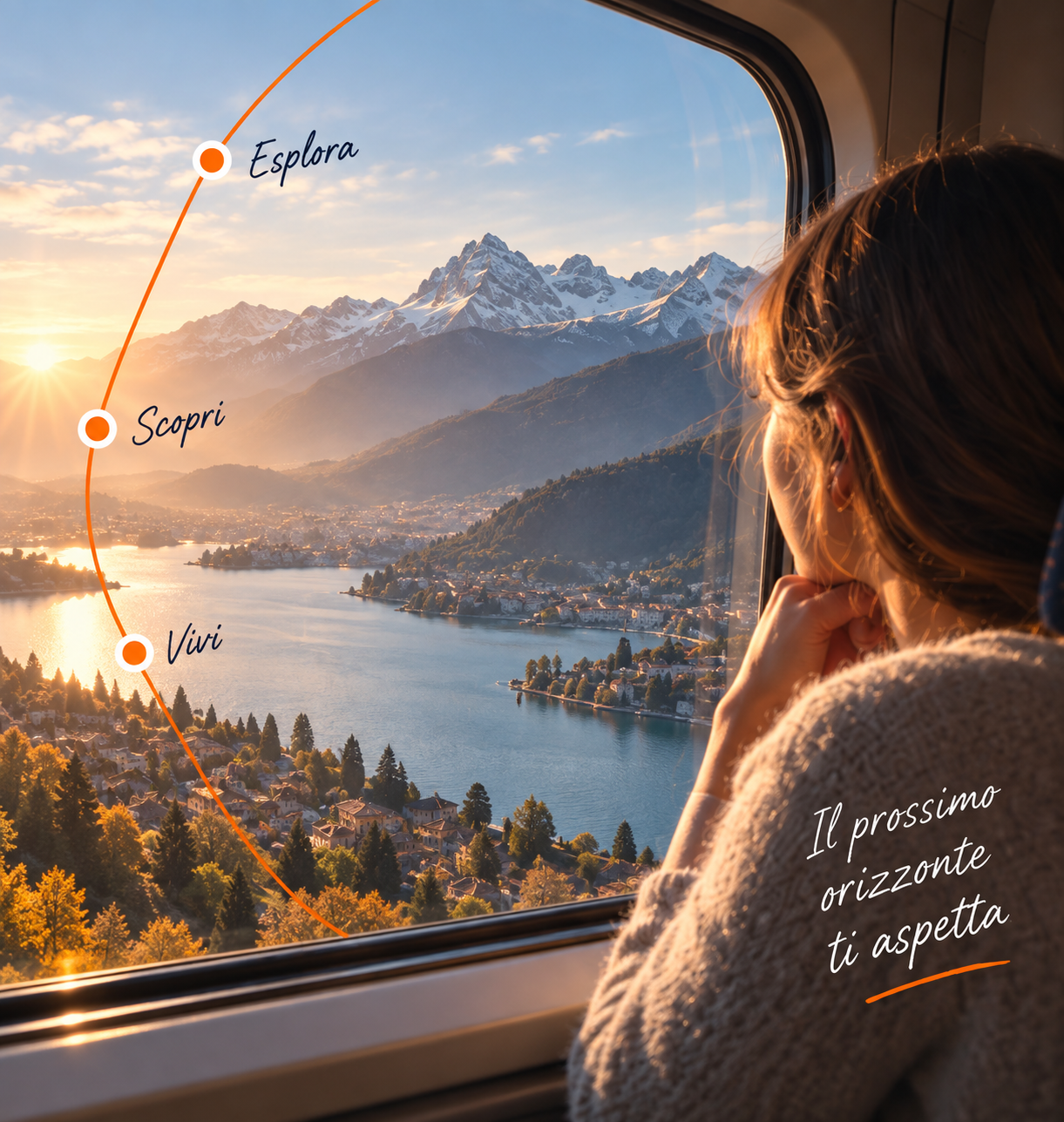 Una viaggiatrice osserva un lago alpino dal finestrino, seguendo una rotta tra Esplora, Scopri e Vivi.